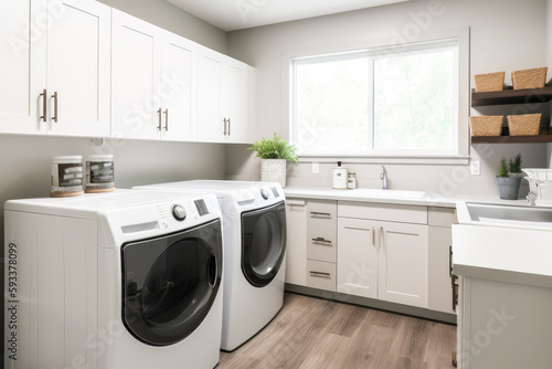 Wallpaper Mural Laundry room with washers and dryers in a modern style, minimalist design, white walls, copy space. High quality generative ai Torontodigital.ca