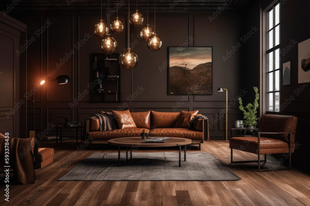 The interior of the living room has dark brown walls with wood elements ...