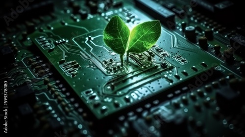 Green Computing, Eco-Friendly Computing Concept, Computer Motherboard with Leaf Processor, AI Generative