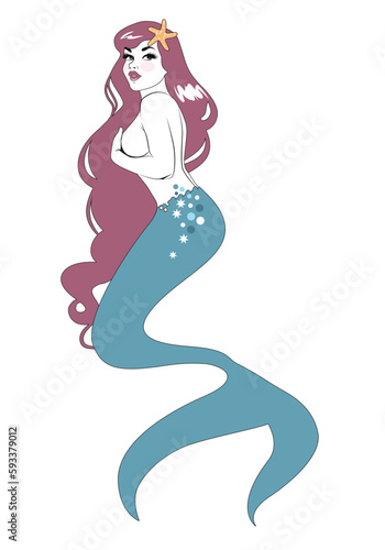 Beautiful and naughty retro pinup style mermaid wearing starfish in her.hair, isolated on white background