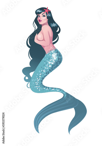 Beautiful and naughty retro pinup style mermaid wearing starfish in her.hair, isolated on white background