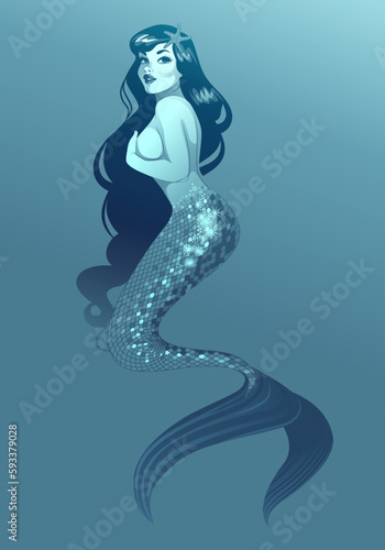 Underwater scene of beautiful and naughty retro pinup style mermaid wearing starfish in her hair, isolated over seabed