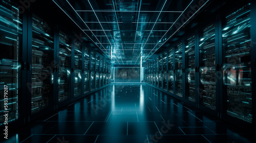 Imagery of dark servers data center room with computers and storage systems and glowing elements. Generative AI © Fantastic