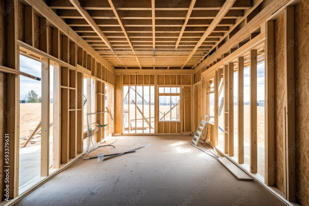 Unfinished interior of a prefabricated contemporary house. Construction site, building future home. Generative ai. Unfinished interior of a prefabricated contemporary house. Construction site, building future home. Generative ai.