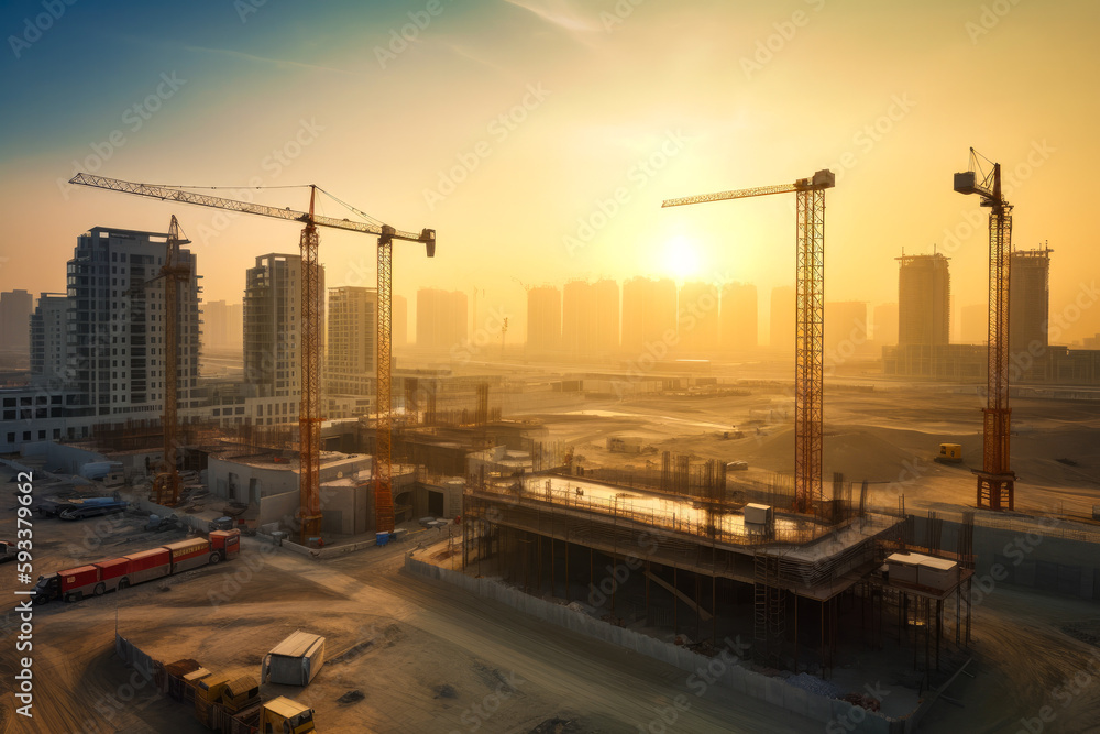 Construction site in Dubai, United Arab Emirates, skyscrapers in the distance. Cranes on the site. Modern architecture. New world, new investments. Generative ai.