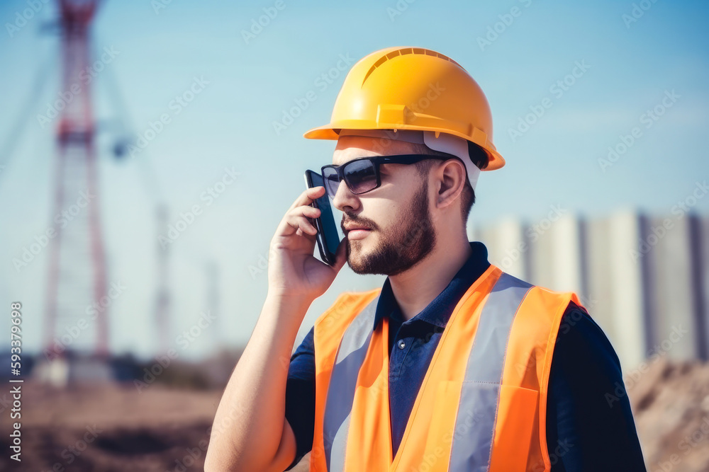 Engineer wearing a safety helmet and orange visibility vest while working on a construction site. Talking on the telephone. Generative ai. Engineer wearing a safety helmet and orange visibility vest while working on a construction site. Talking on the telephone. Generative ai.