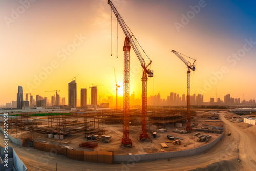 Construction site in Dubai, United Arab Emirates, skyscrapers in the distance. Cranes on the site. Modern architecture. New world, new investments. Generative ai.