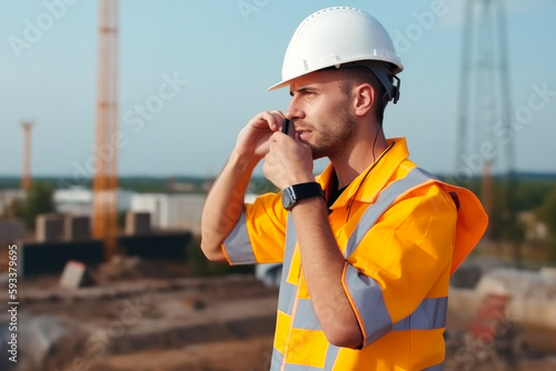 Engineer wearing a safety helmet and orange visibility vest while working on a construction site. Talking on the telephone. Generative ai.