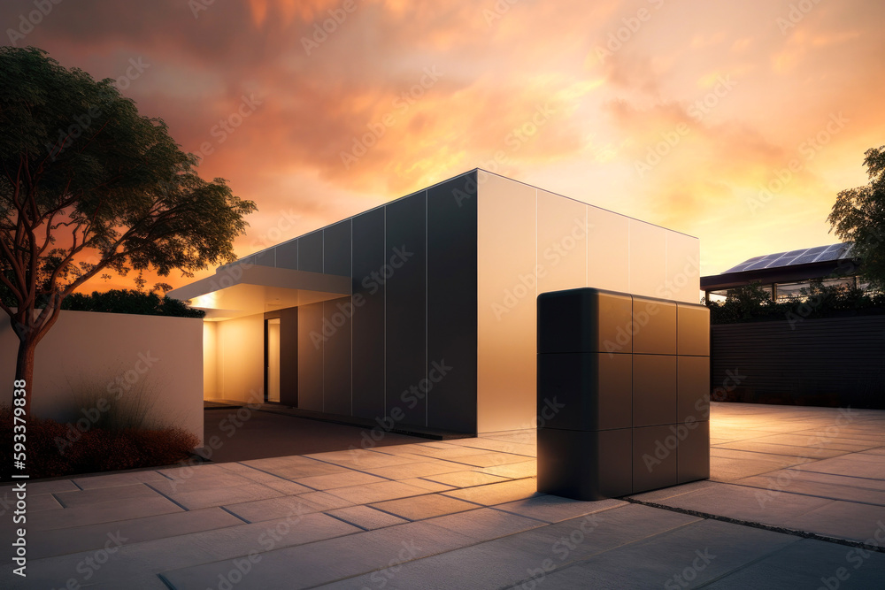 Tesla home battery with modern house in the background. Contemporary architecture, smart home, self sufficient home. Generative ai. Tesla home battery with modern house in the background. Contemporary architecture, smart home, self sufficient home. Generative ai.