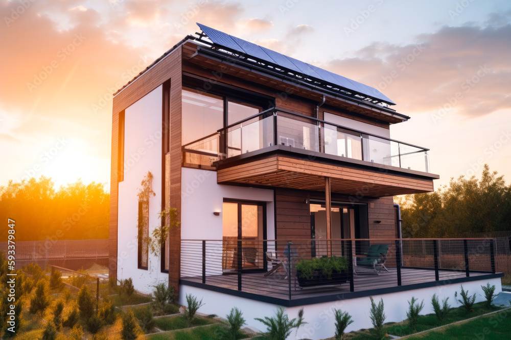 Modern prefabricated house at sunset. Contemporary living ideas. Smart and self sufficient home. Generative ai. Modern prefabricated house at sunset. Contemporary living ideas. Smart and self sufficient home. Generative ai.