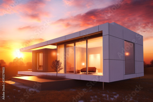 Modern prefabricated house at sunset. Contemporary living ideas. Smart and self sufficient home. Generative ai.