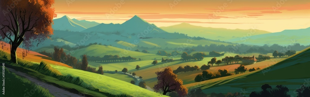 Digital painting of sunset in the countryside. Landscape with rolling hills, greenery, and a stunning mounting range. Soft strokes and picturesque composition. AI-generated art.