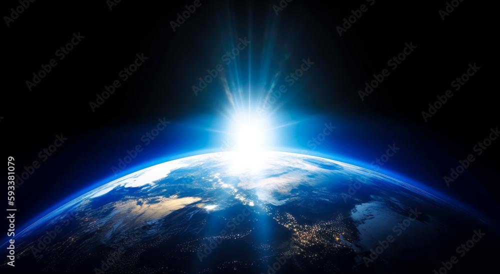 Fototapeta premium Sun rising above the earth in outer space, National geographic style. Generative Ai. 