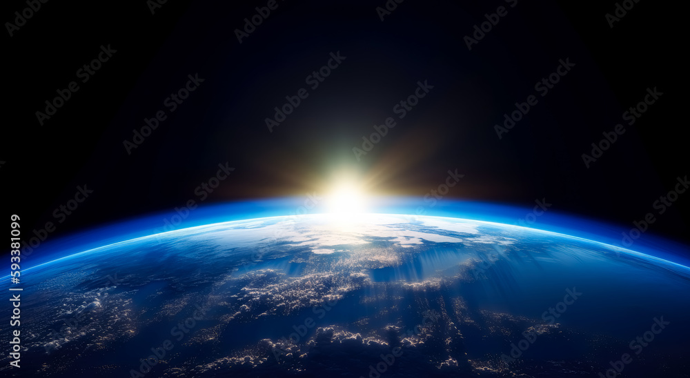 Fototapeta premium Sun rising above the earth in outer space, National geographic style. Generative Ai. 