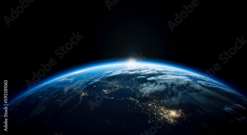Fototapeta Naklejka Na Ścianę i Meble -  Sun rising above the earth in outer space, National geographic style. Generative Ai. 