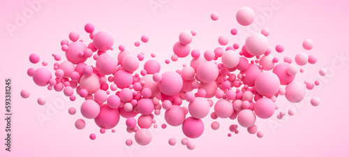 Pink matte soft chaotic balls in different sizes. Abstract composition with pink random flying spheres. Vector background