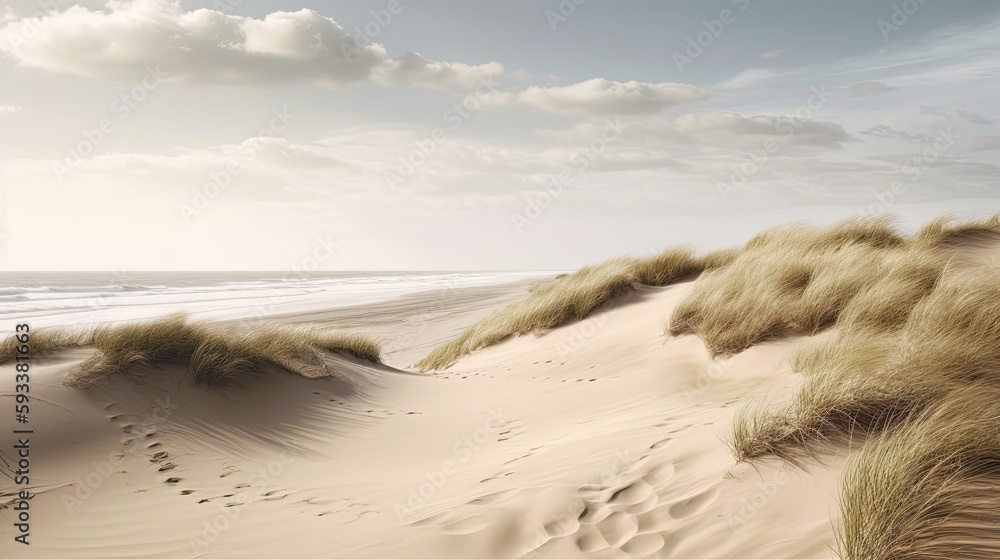 A beach landscape with sand dunes and waves. Generative AI A beach landscape with sand dunes and waves. Generative AI