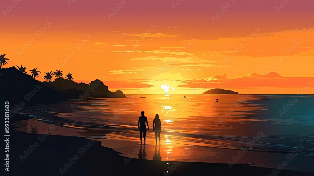 A beach scene with a couple enjoying a romantic sunset. Generative AI