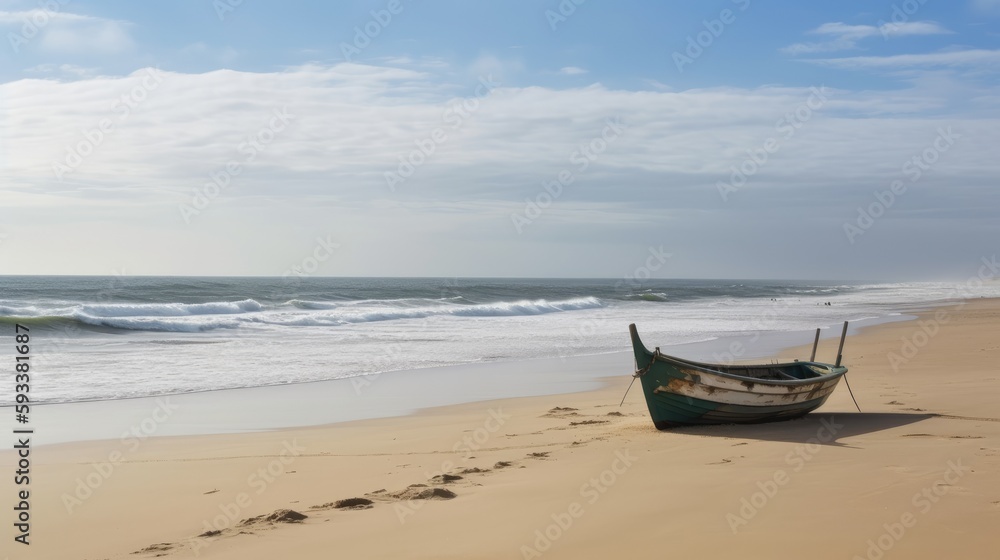 Beach scene with a fishing boat on the shore. Generative AI