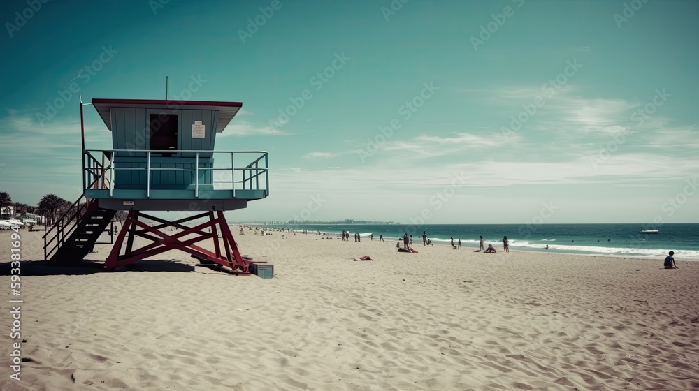 A beach scene with a lifeguard tower. Generative AI A beach scene with a lifeguard tower. Generative AI