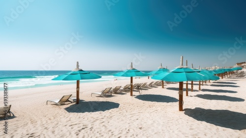 A beach scene with a chaiirs with umbrellas. Generative AI