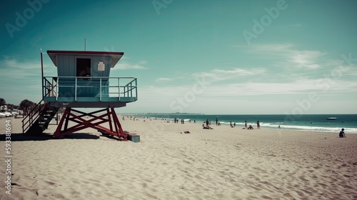 A beach scene with a lifeguard tower. Generative AI © Artyom