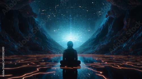 illustration of meditating person with detailed energy field, cinematic shot, realistic lighting. Generative ai.