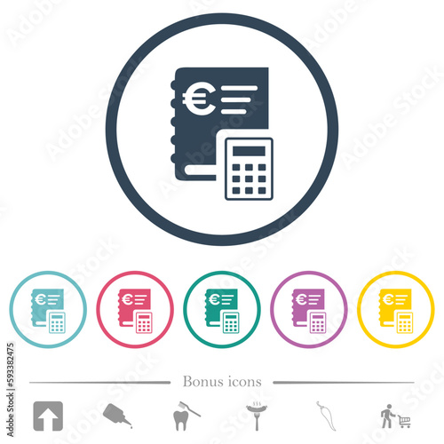 European Euro ledger flat color icons in round outlines