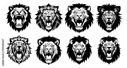 Set of lion heads with open mouth and bared fangs, with different angry expressions of the muzzle. Symbols for tattoo, emblem or logo, isolated on a white background.