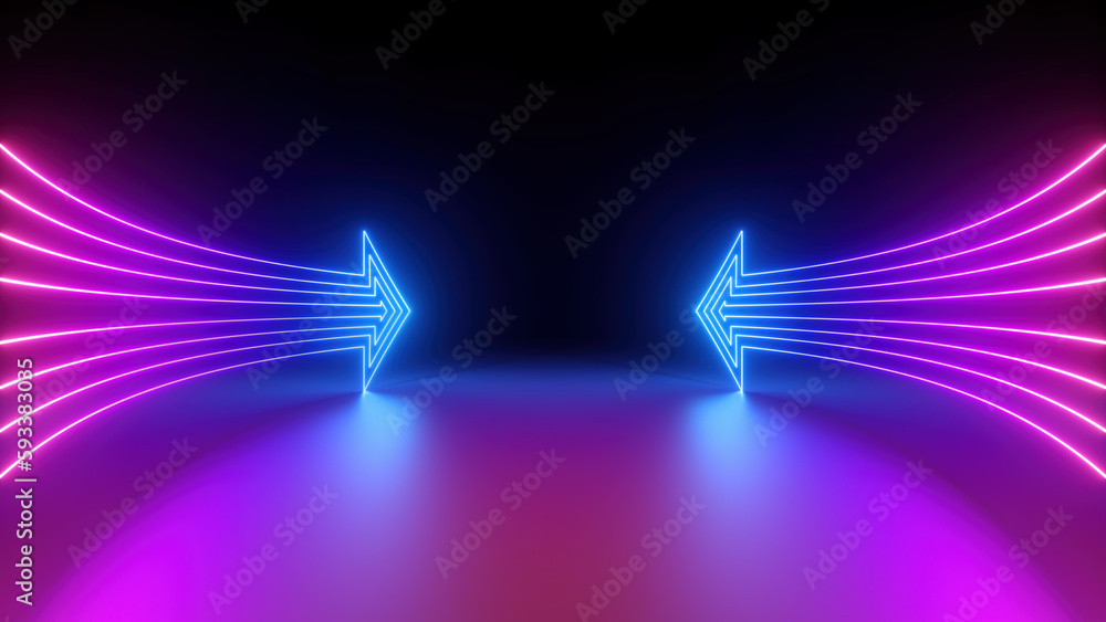 3d render, abstract minimalist geometric background. Two counter neon arrows approaching each other. Duality concept - obrazy, fototapety, plakaty 
