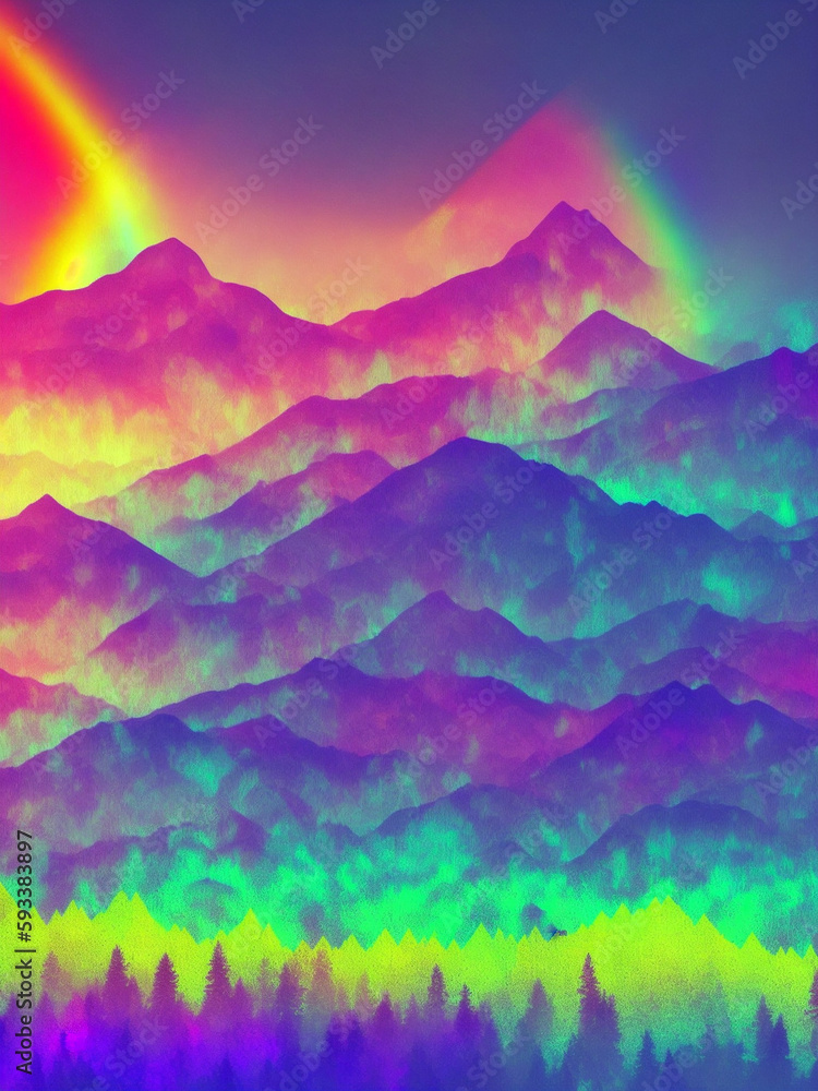Abstract rainbow over mountains