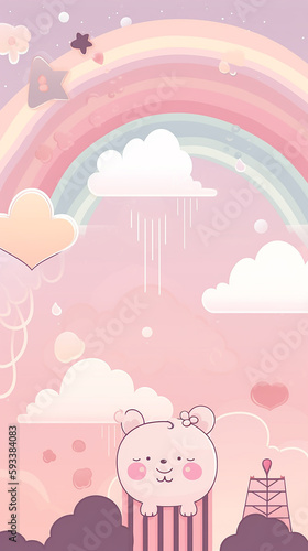 Vertical pink kawaii background with rainbow and bear for cell phone, mobile phone background backdrop vertical banner