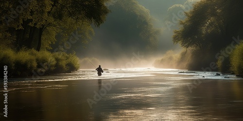 Fototapeta person fly fishing in peaceful river appealing to those interested in serenity a