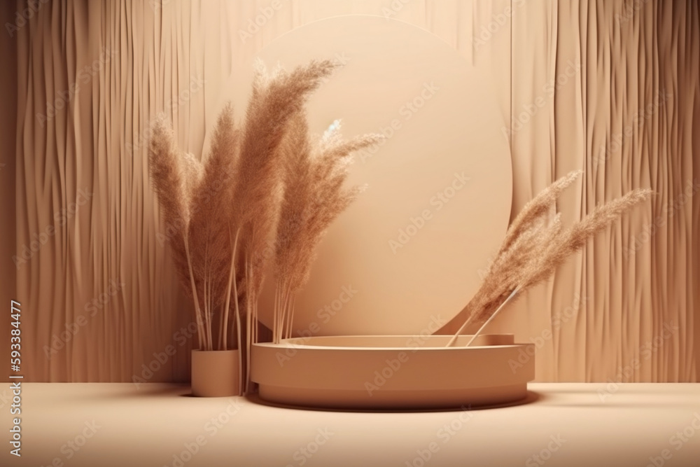 Podium with wood display, beige background, and dry pampas grass in a vase. Bright cosmetic beauty product promotion pedestal with nature tree shadow. Generative ai.