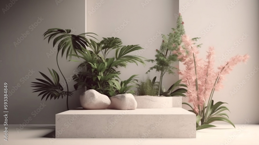 Minimal display podium with tropical plants and flowers. Tropical botanicals showcased in a modern and vibrant setting. Generative ai.