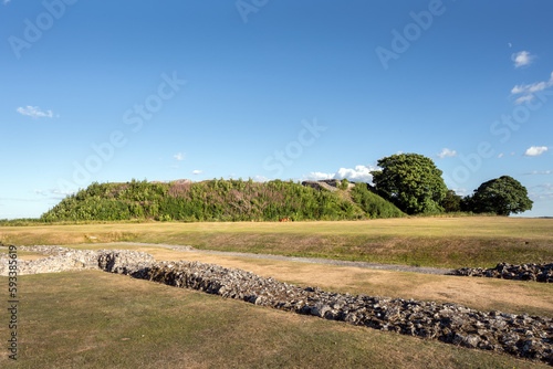 Ruins of Old Sarum cathedral and the castle in Salisbury on a summer afternoon  Wiltshire  England