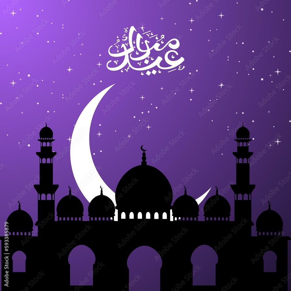 Eid Mubarak greeting card or poster with Arabic calligraphy means Happy Eid, with an elegant glowing big moon rising behind the mosque, and purple background with sparkling stars in the sky.