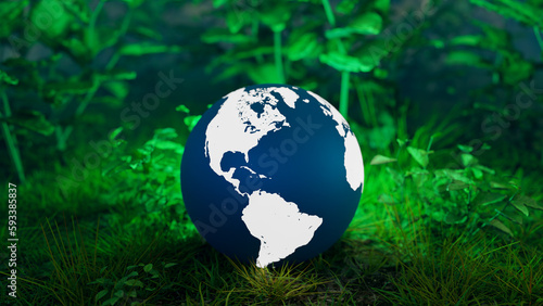 Global environmental protection concept background image with a globe on grass in a forest  3d rendering