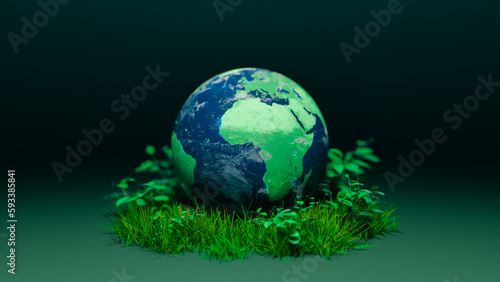Global environmental protection concept background image with globe on grass, 3d rendering
