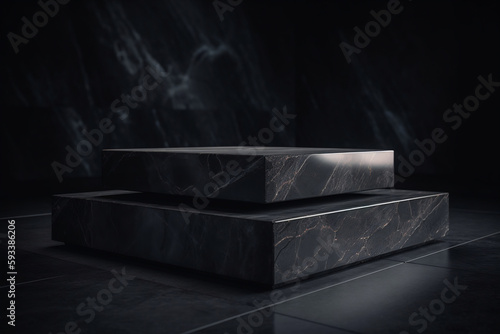 Black stone podium product stage platform background. Generative ai.
