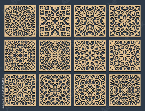 Laser cut pamels template, abstract geometric pattern. Metal decorative cutout, wood carving, fretwork stencil, paper art. For interior design, card background decoration, engraving. Vector set