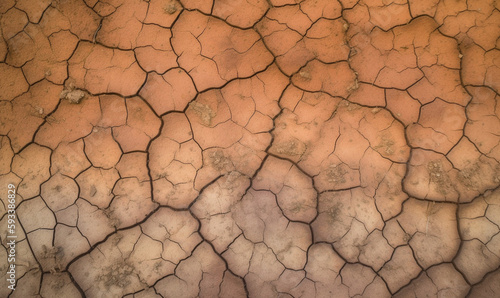 Cracked dried earth soil. Ground texture for background. Top view mosaic pattern of sunny dried earth soil. Drought or dry land.