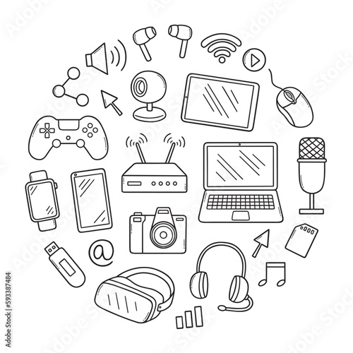 Gadgets doodle set. Keyboard, headphones, computer mouse, watch, in sketch style. Hand drawn vector illustration isolated on white background