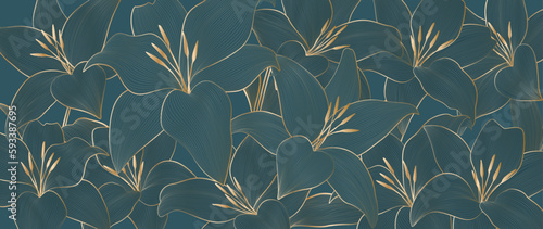 Floral luxury art background hand drawn with golden elements in line art style. Botanical banner for decoration design, print, wallpaper, interior design, poster.