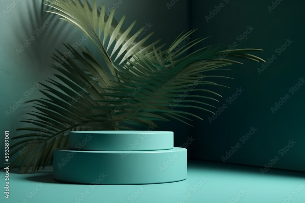 Empty background with stone pedestal podium and tropical palm leaf shadow, perfect for promoting beauty cosmetics in modern minimal style. Generative ai. Empty background with stone pedestal podium and tropical palm leaf shadow, perfect for promoting beauty cosmetics in modern minimal style. Generative ai.