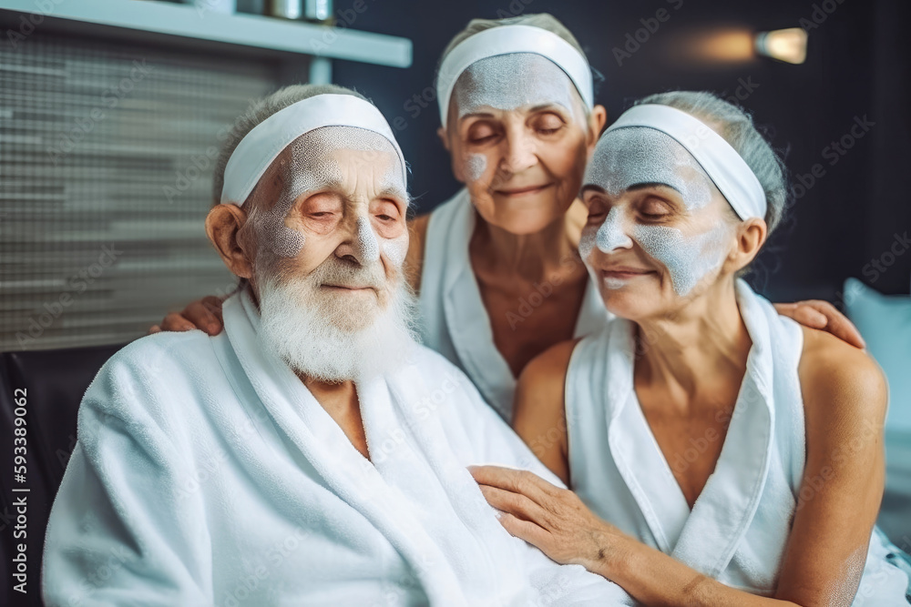Happy old senior people visiting spa, using clay facial mask. Relaxing, enjoying life having fun time. Generative AI.
