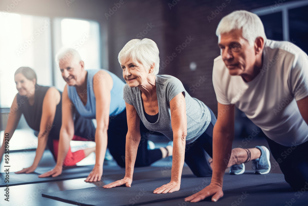 Pilates, wellness and group of senior women doing a mind, body and spiritual exercise in studio. Health, retirement doing yoga workout. Generative AI. Pilates, wellness and group of senior women doing a mind, body and spiritual exercise in studio. Health, retirement doing yoga workout. Generative AI.