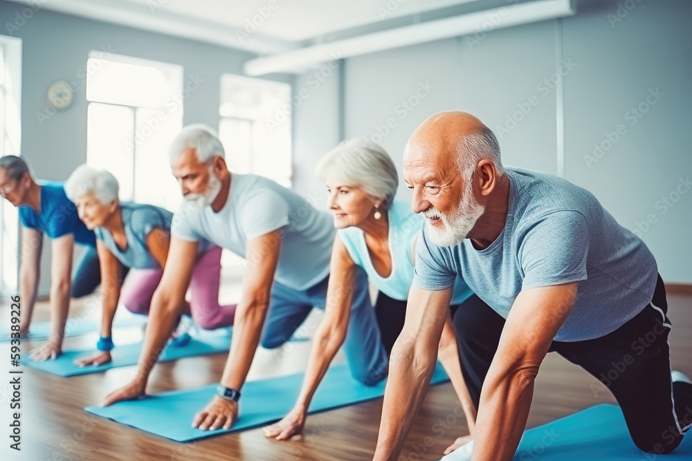Naklejka premium Pilates, wellness and group of senior women doing a mind, body and spiritual exercise in studio. Health, retirement doing yoga workout. Generative AI.