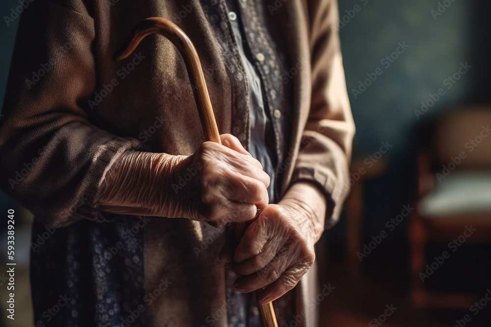 Elderly woman with walking stick at home. Retired woman with her wooden walking stick at home. Disabled middle aged female pensioner using cane during rehabilitation process.