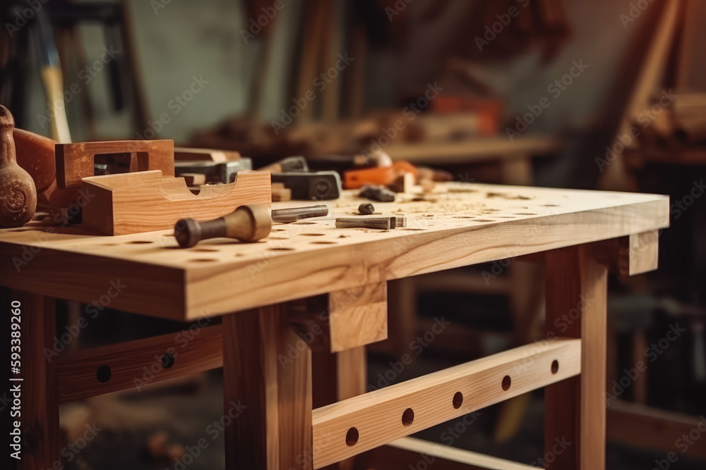 Young woman repairing wooden furniture at home. Using tools, working alone, DIY. Generative AI.